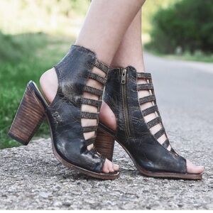 Bed Stu Distressed Black Cutout Block Heel Sandals